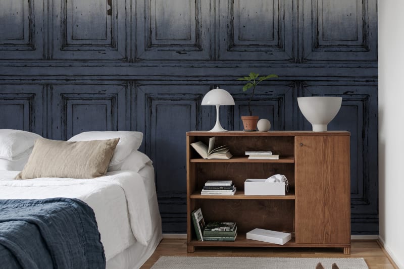 French Panels Wallpaper - Blue in a bedroom