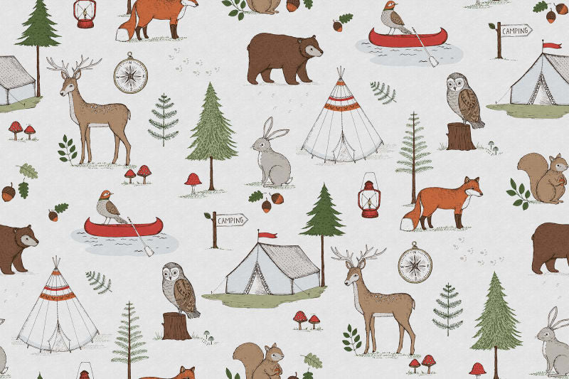 Camping Trip Wallpaper which features stylish tents, jungle friends and floral prints close up
