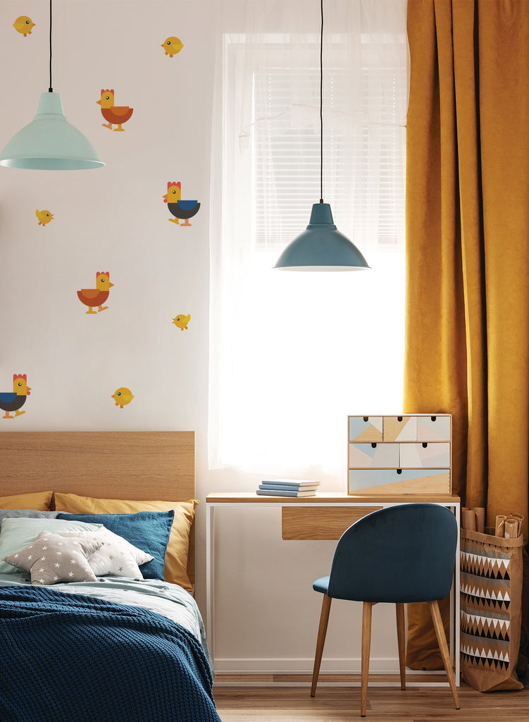 Rooster and Hen Family wall decals in kids bedroom with desk