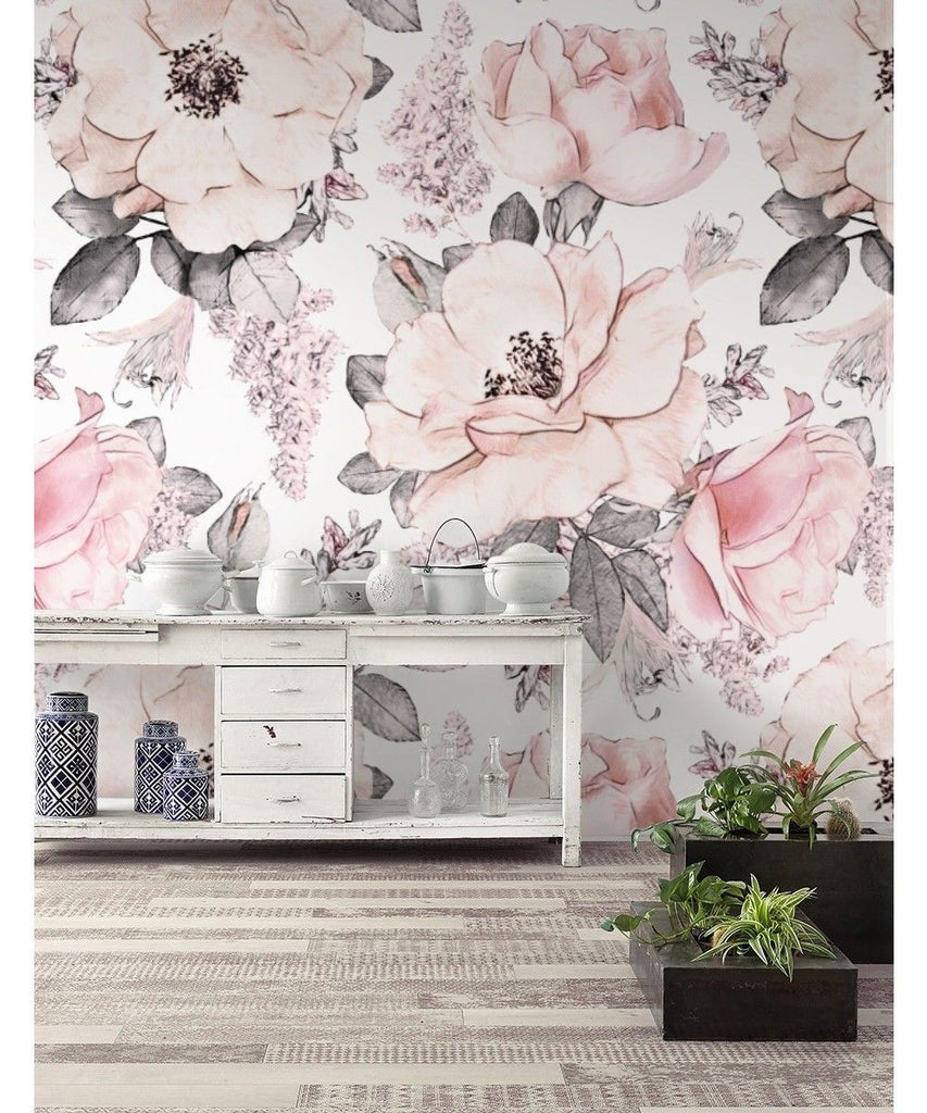 Kiela Flowers, Pattern Wallpaper, featured in a kitchen area surrounded kitchen houswares with rectangular box filled with several houseplants. 