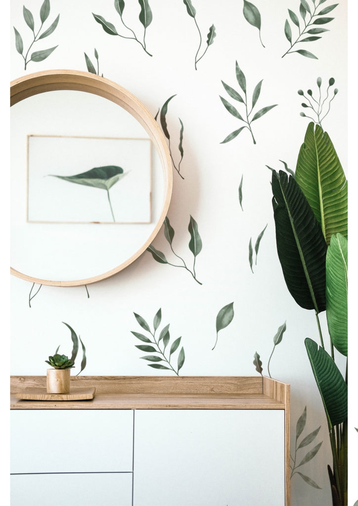 Watercolour Foliage by Megan, Wallpaper featured in a wall with furnishing and planters that matches its aesthethics