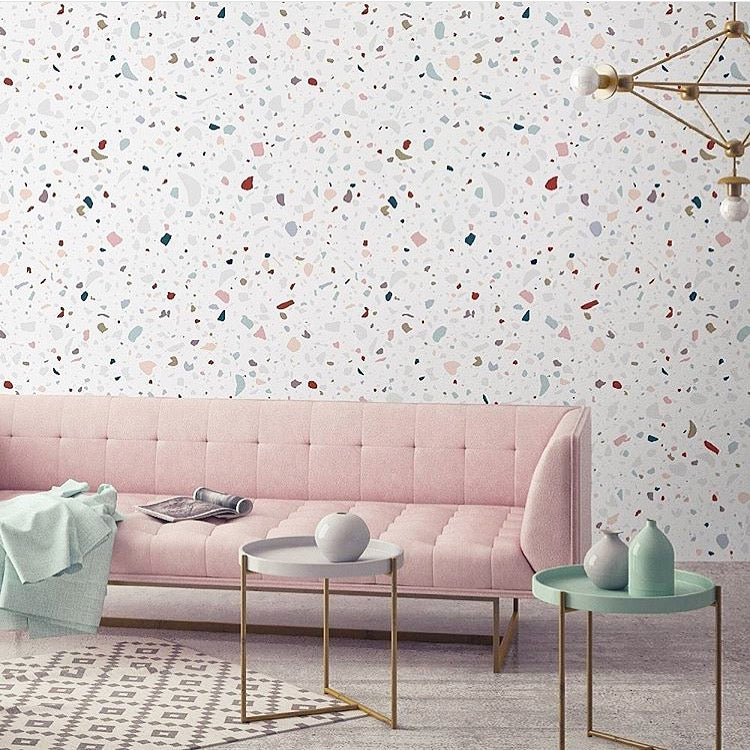 Confetti Terrazzo, Pattern Wallpaper in living room with pink sofa