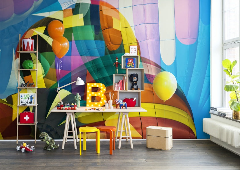 Balloon Flying High Wallpaper with playful hot air balloons in vibrant colours in kids room