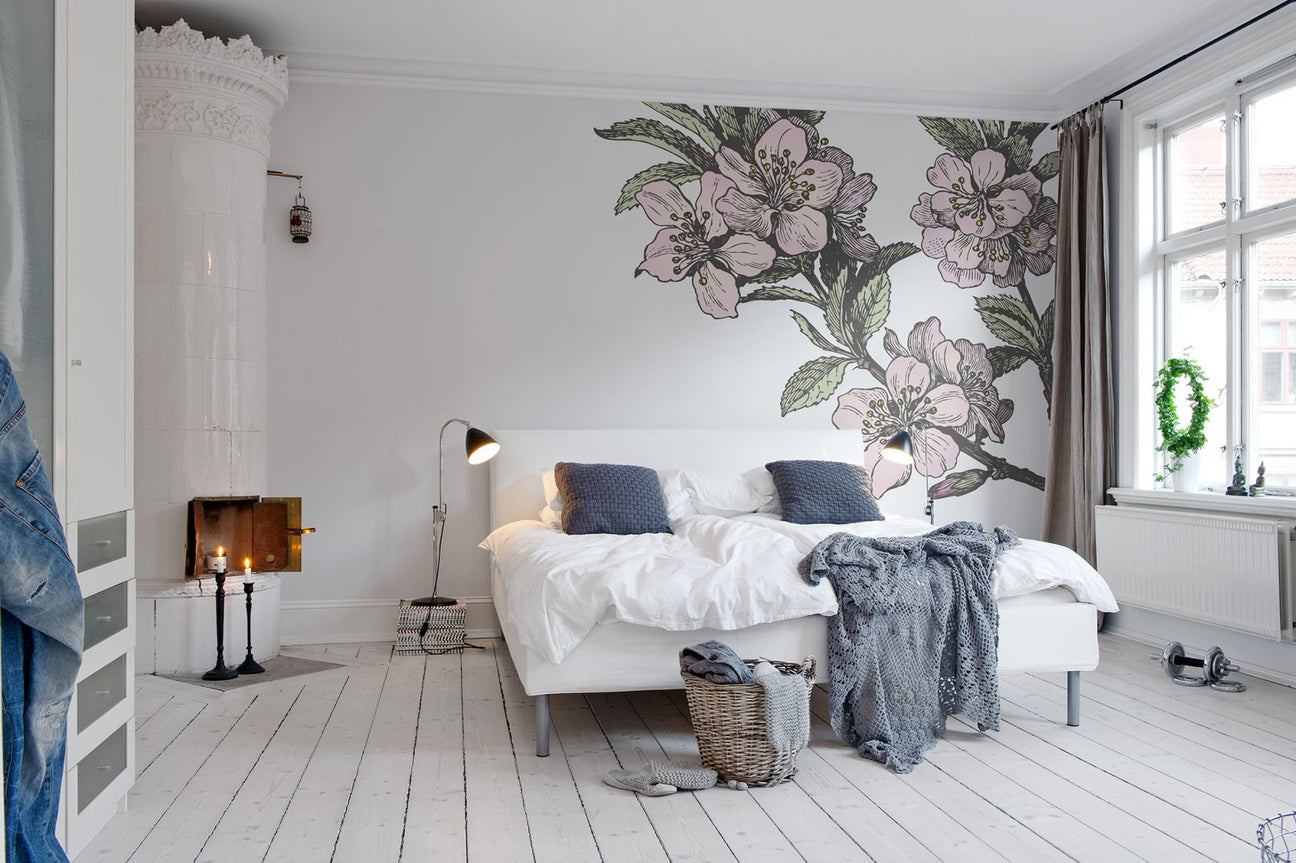 Springtime, Floral Mural Wallpaper in a white bedroom