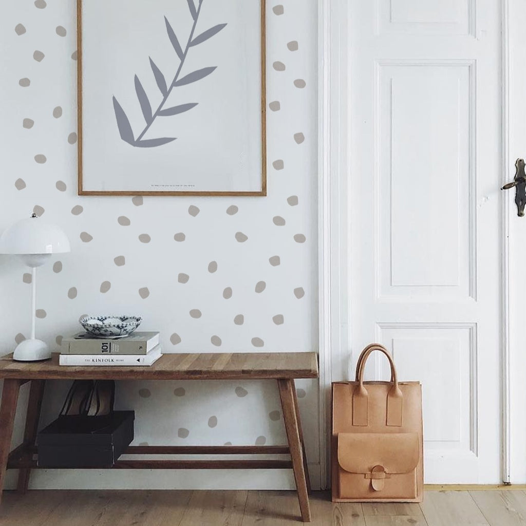 Hand Drawn Dots, Pattern Wallpaper in a hallway with wooden bench
