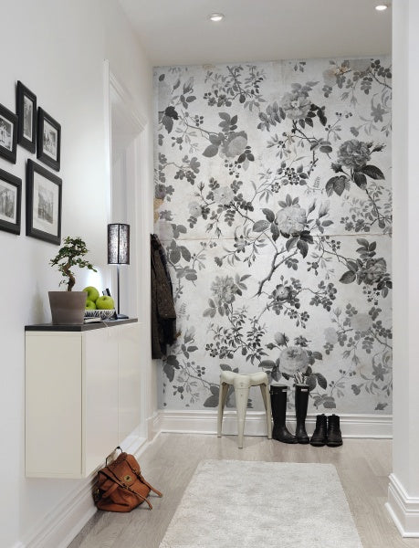 Rose Garden, Floral Pattern Wallpaper in Dark Grey in entryway