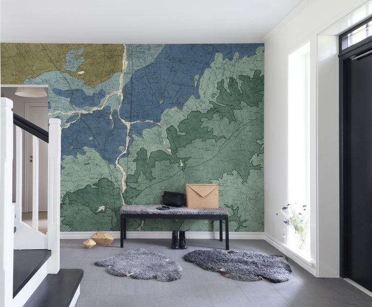 Oxford Clay, Map Mural Wallpaper as seen in a natural-lit foyer.