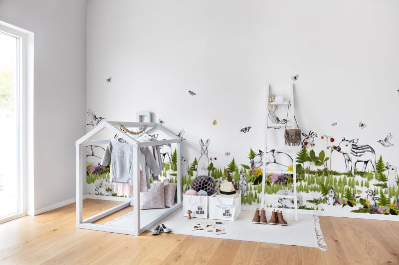Rabbits Playmates Wallpaper in kids nursery featuring butterflies, pig, fox and hummingbird.