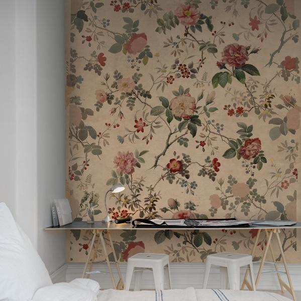 Rose Garden, Floral Pattern Wallpaper in Nude in a bedroom