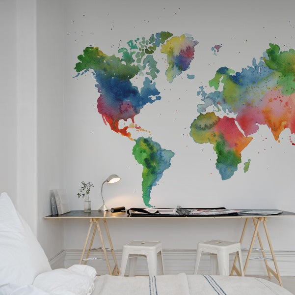 Rainbow World map Wallpaper in white study area with bed