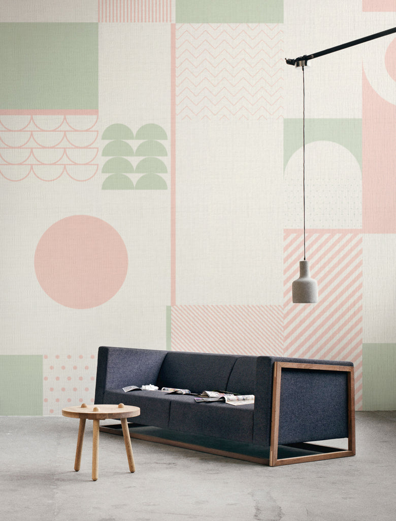 Giselle, Geometric Pattern Wallpaper in a living room setting with wooden chair and table with pendant lights