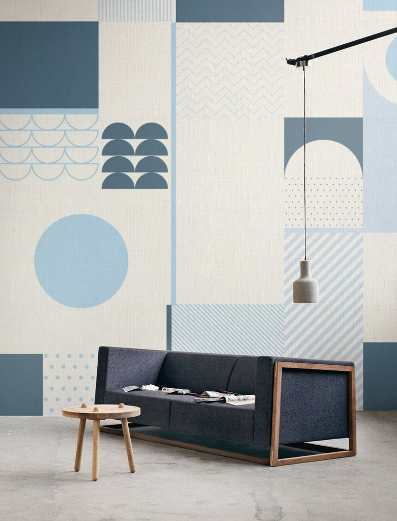 Giselle, Geometric Pattern Wallpaper in a living room setting with wooden chair and table with pendant lights