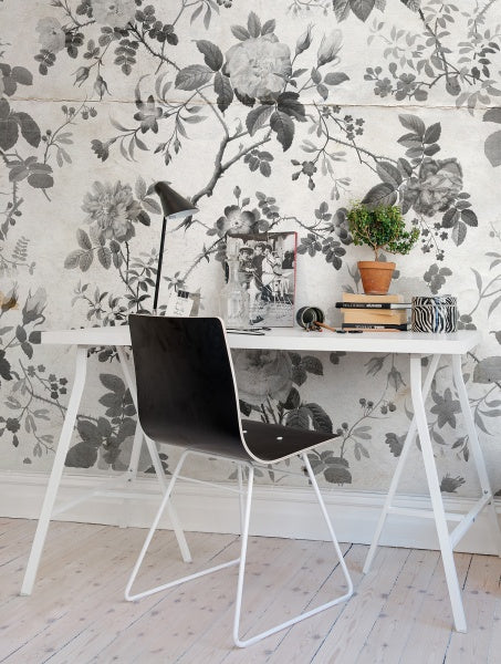 Rose Garden, Floral Pattern Wallpaper in Dark Grey in Study Room or Home Office