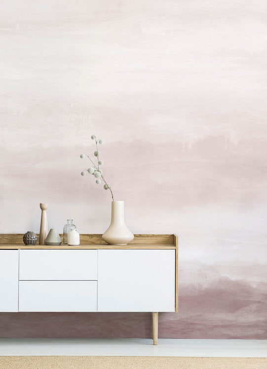 Blush Vista Watercolor Wallpaper behind a light coloured sideboard