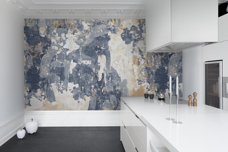 Watercolour Blue, Mural Wallpaper as seen in a modern kitchen area