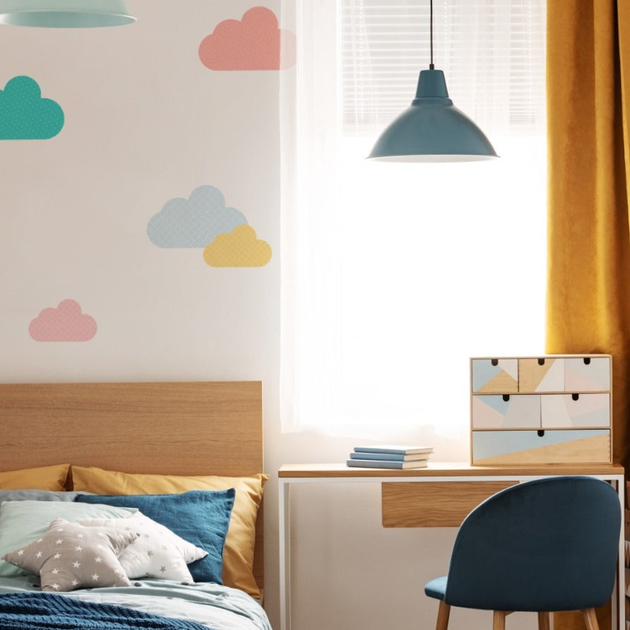 Patterned Clouds, Wall Decals, featured in a natural-lit bedroom with bedside study table. 