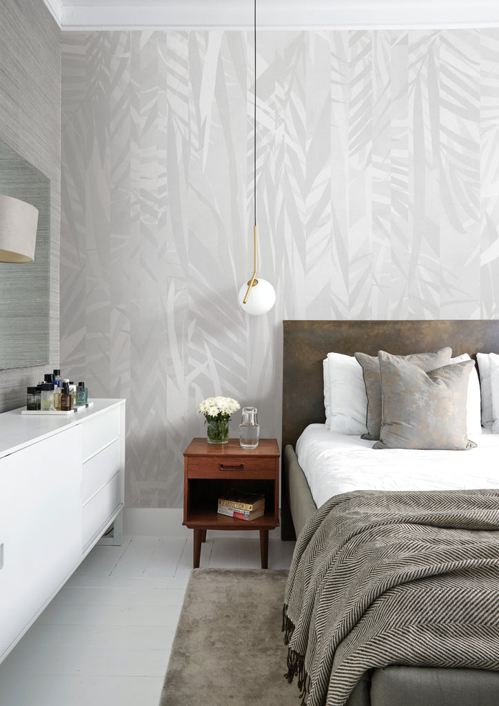 Fernvale, Grey Pattern Wallpaper in a bedroom with grey tones.