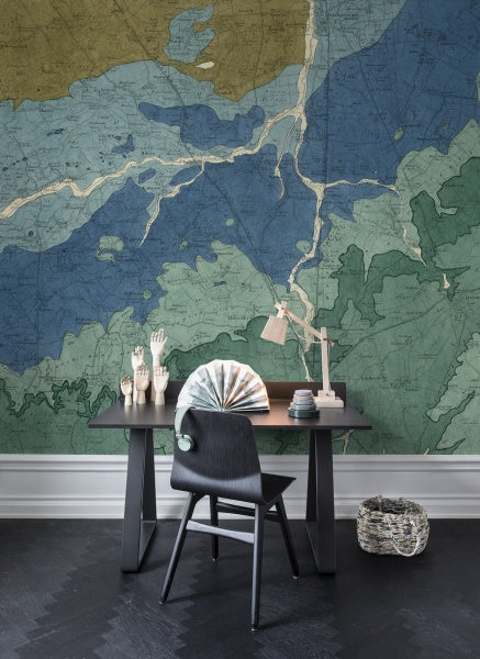 Oxford Clay, Map Mural Wallpaper featured in a study room. 