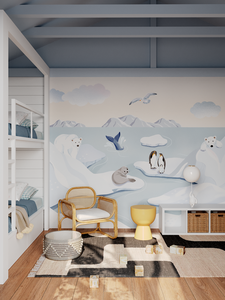 Frosty Friends at the Arctic, Animal Mural Wallpaper in Kids Bedroom with bunk bed and child chair.