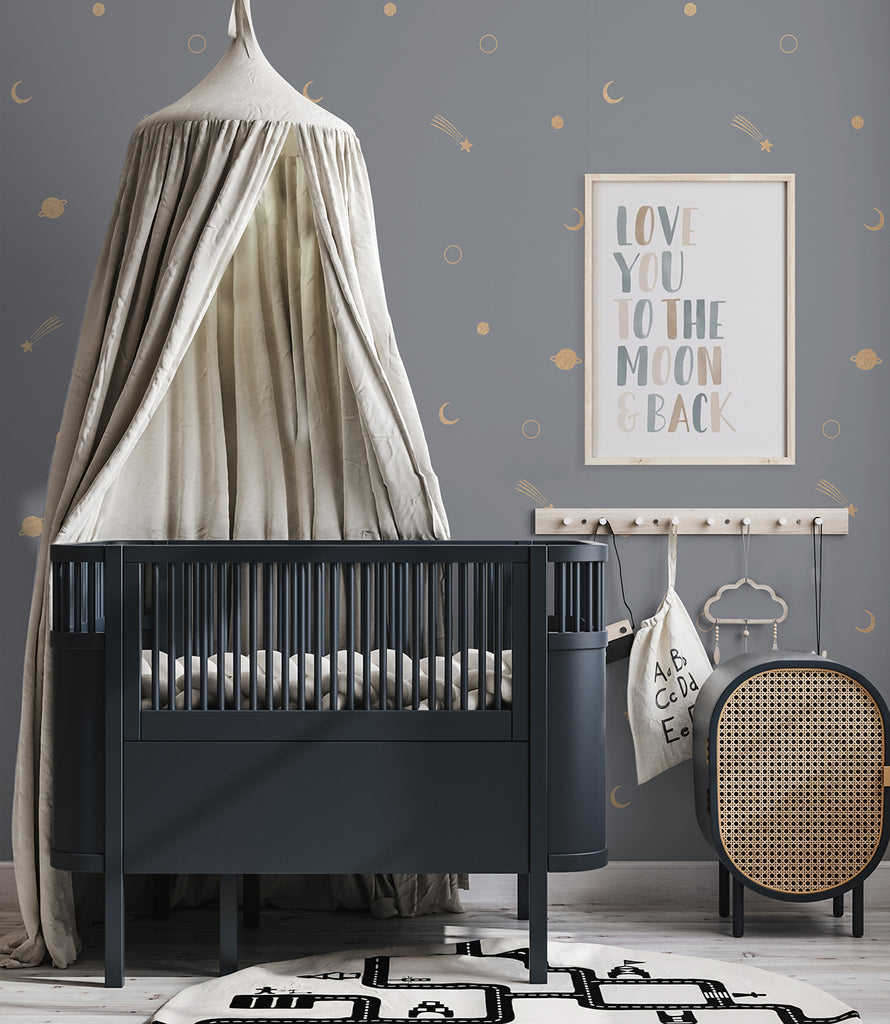 gold metallic space galaxy wallpaper in nursery