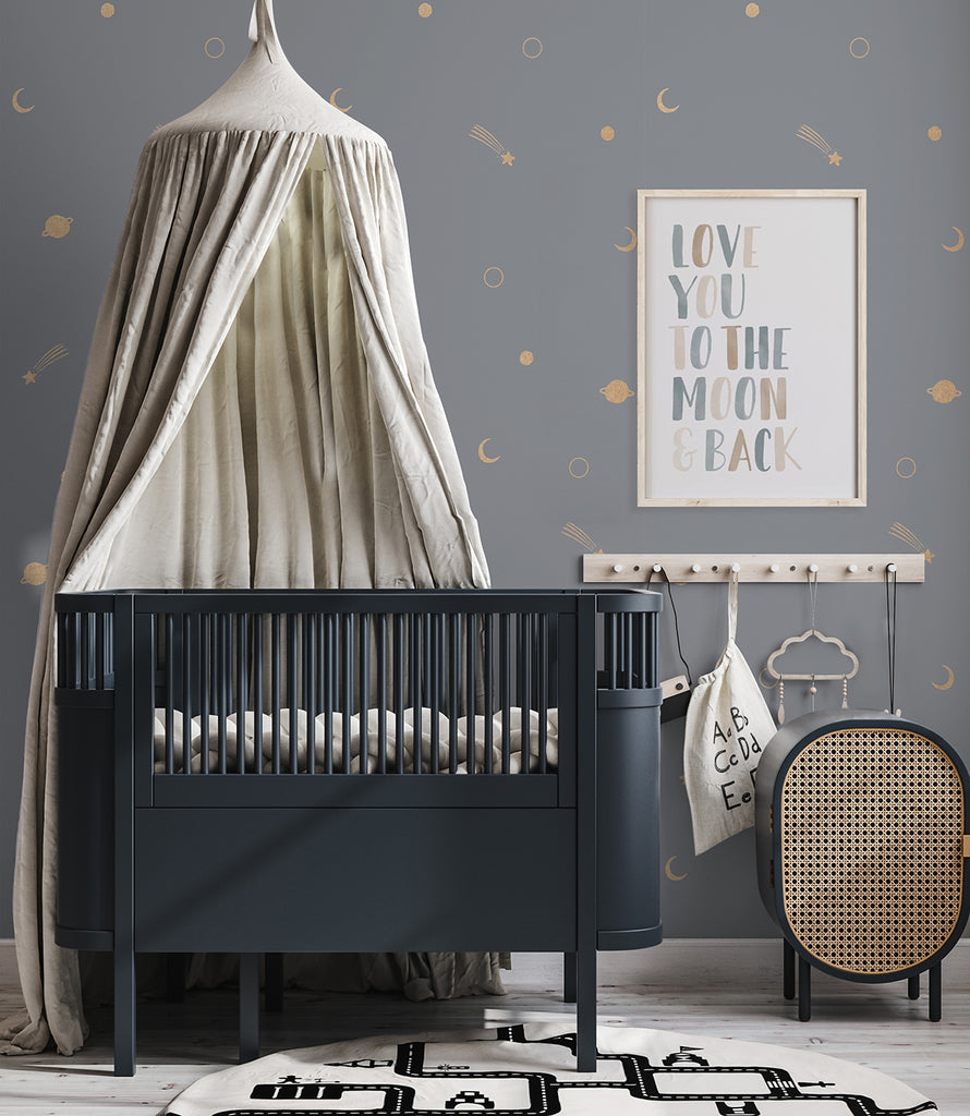 Gold Metallic Space Galaxy, Pattern Wallpaper in a nursery with dark blue cot and framed art