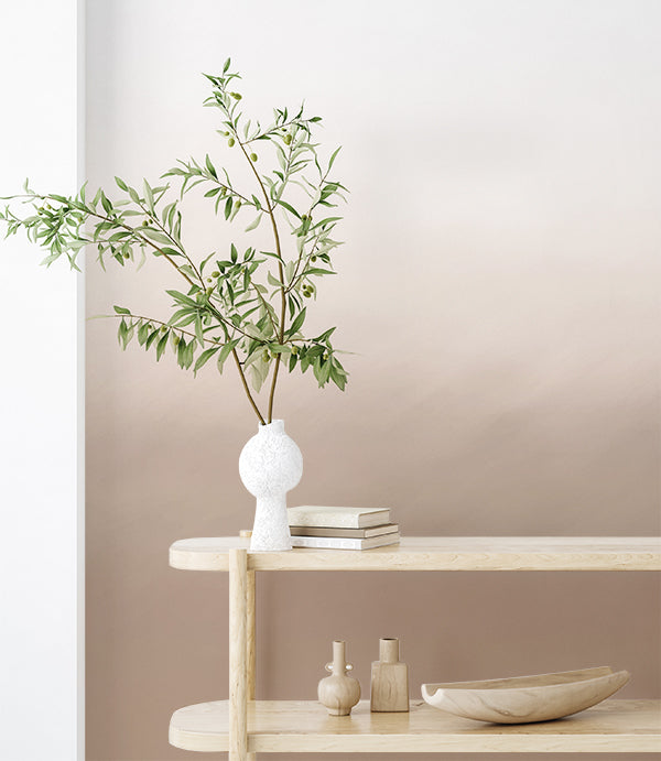 Delilah Waves, Watercolor Wallpaper in a hallway with wood shelf and white vase