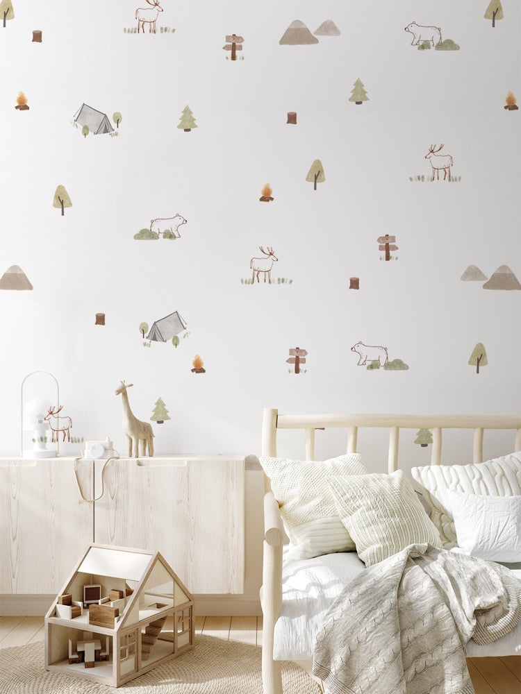 Mini Camper, Pattern Wallpaper in white, featured in cosy kid's bedroom surround with wood furnishing, plush animals and toys. 