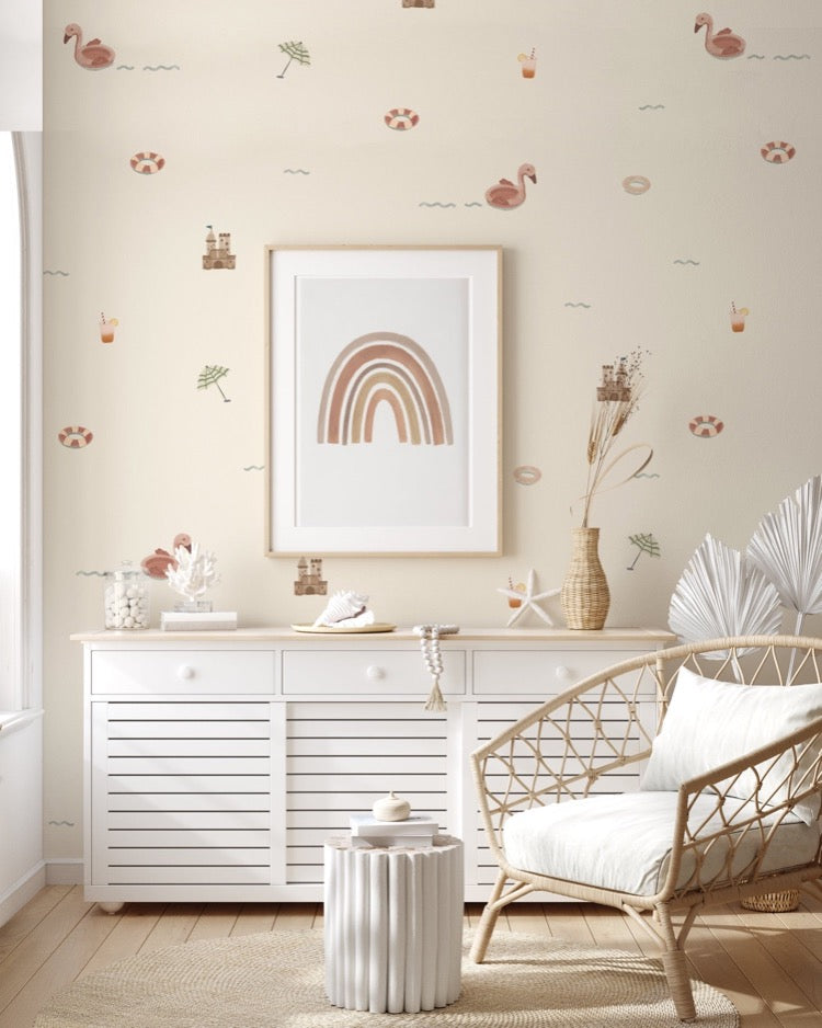 Mini Beach Day Wallpaper in a living room, with a side console and a rattan chair.
