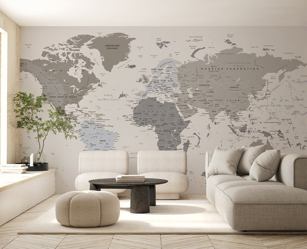 Classic Atlas, World Map Mural Wallpaper in living room with neutral sofa