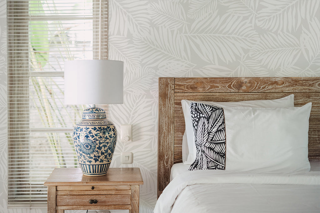 Heather Fern, Pattern Wallpaper in a neutral master bedroom