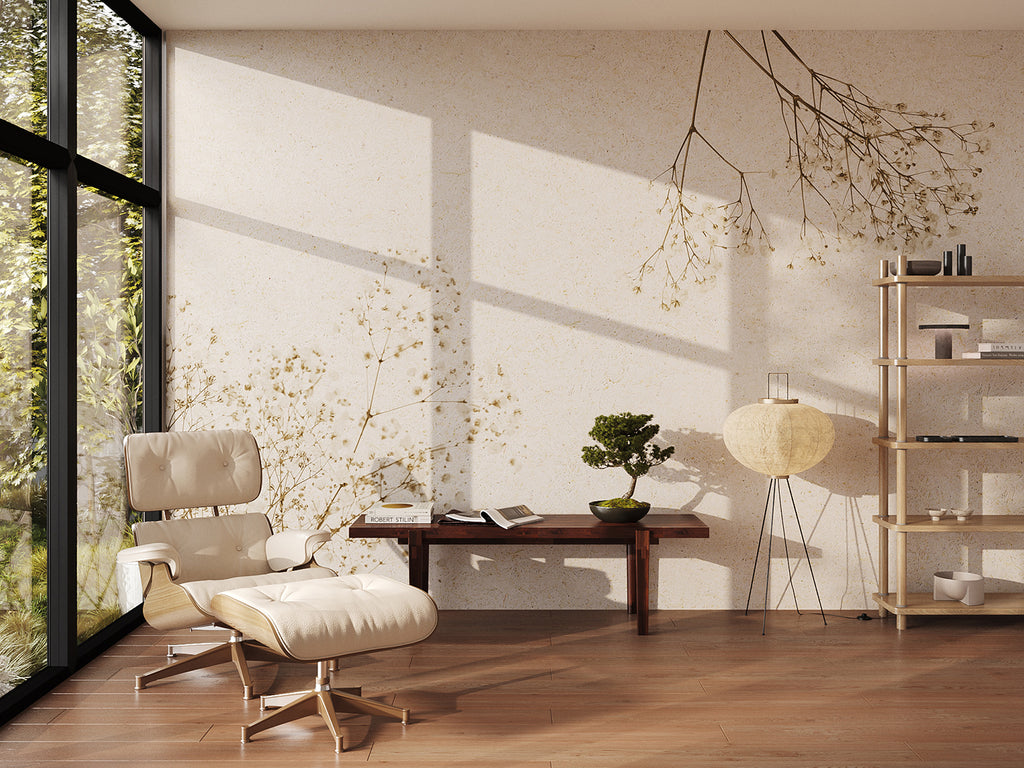 Kasumisou Japanese, Mural Wallpaper, featured in a cozy living room with warm, earthy tones.
