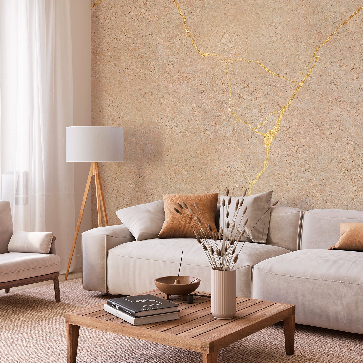 Kintsuguroi Japanese, Mural Wallpaper in a cozy living room with a white and brown color scheme, in it is this seating area stands an elegant wooden tripod lampshade, which casts its warm glow over the entire space.