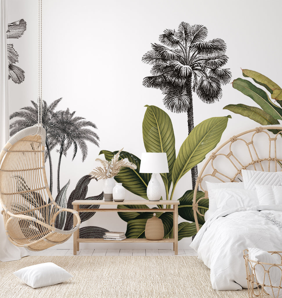 Forest Dreams, Mural Wallpaper in a bedroom with rattan furnishing