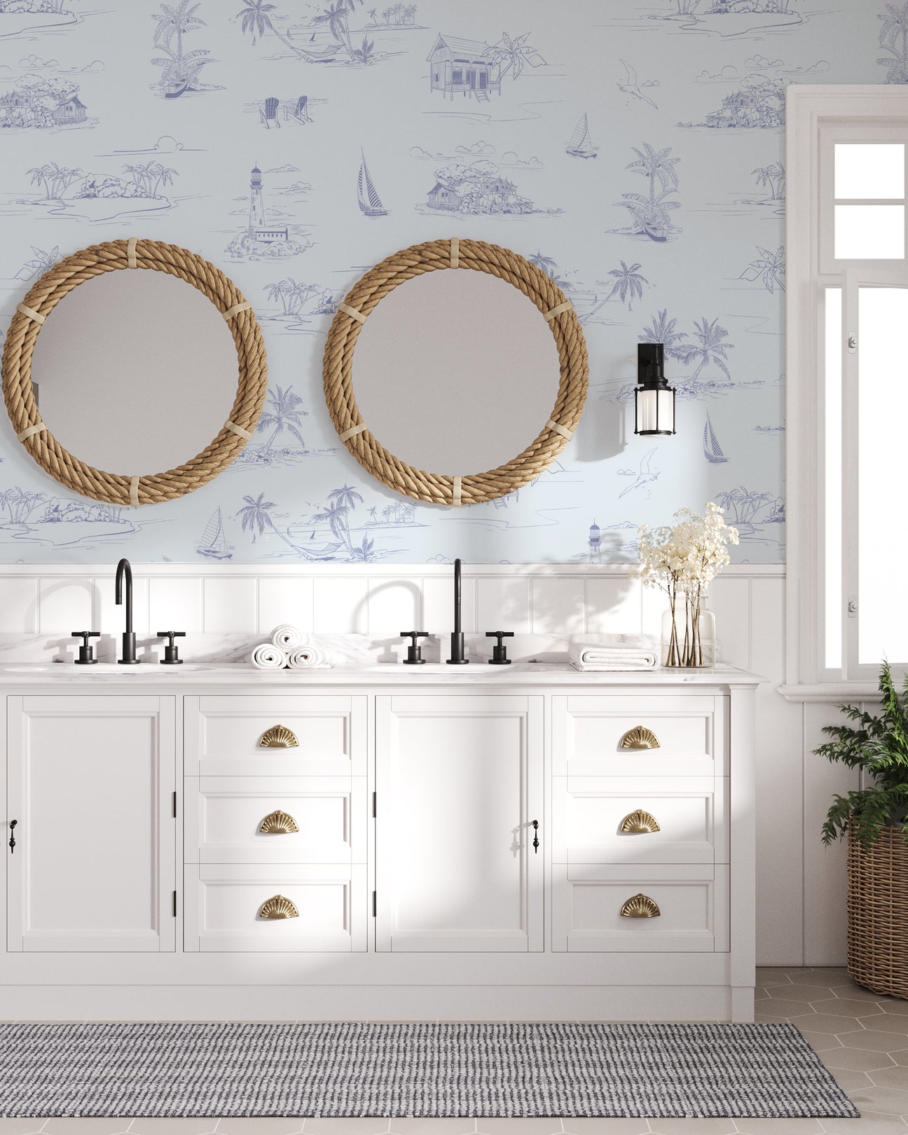 Summer Coastal Shorelines, Wallpaper in toilet with white cabinets