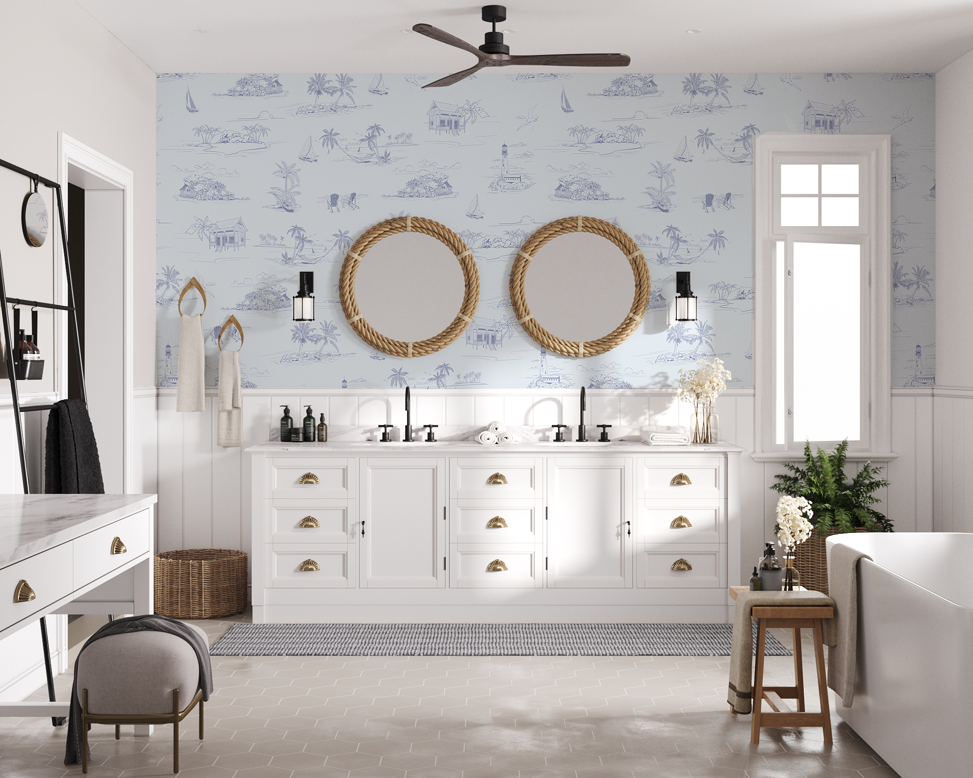 Coastal Shorelines, Pattern Wallpaper in Powder Room or Bathroom