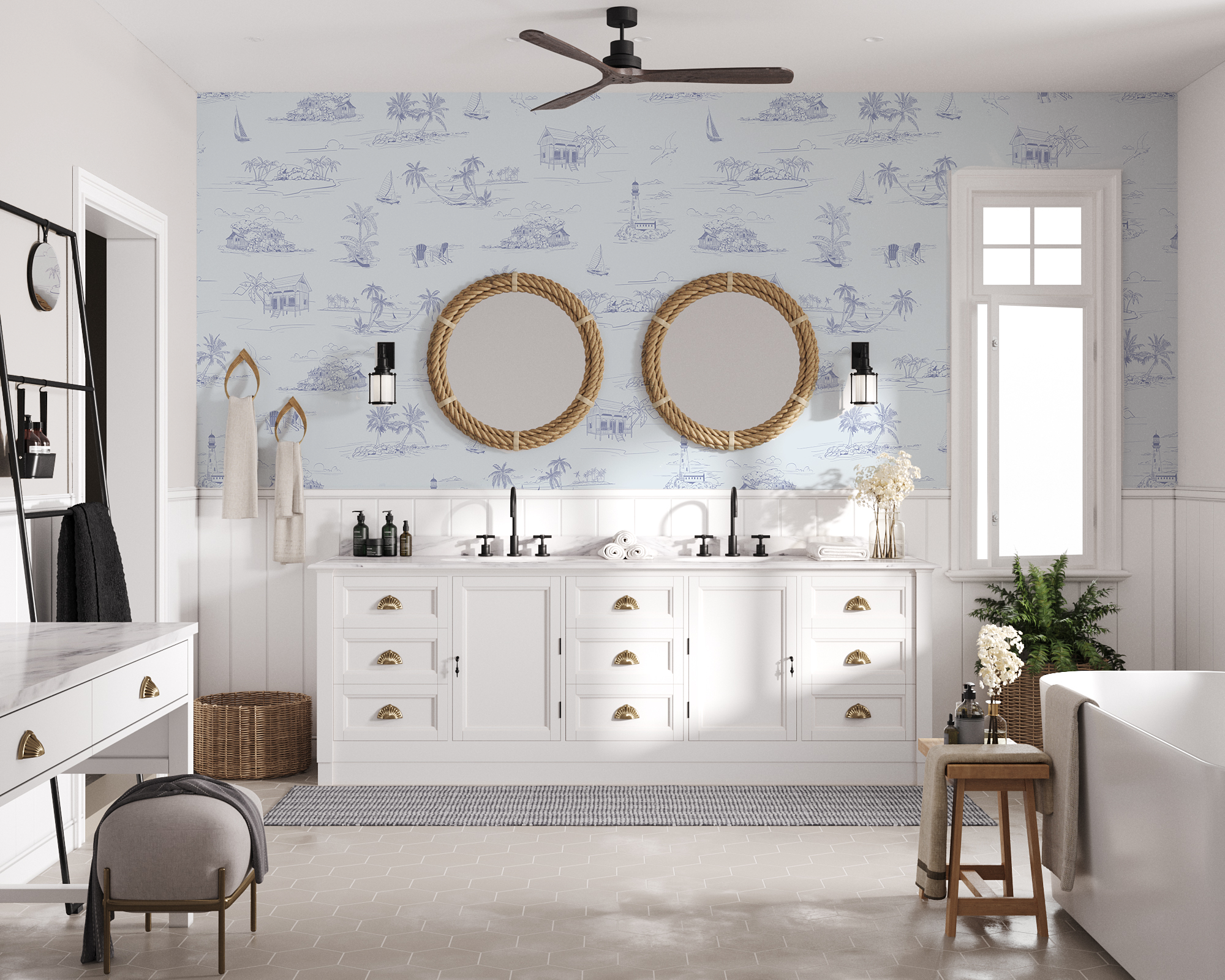 Coastal Shorelines, Pattern Wallpaper in bathroom