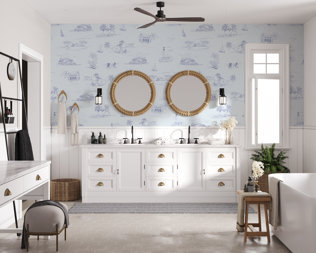 Coastal blue wallpaper in bathroom light 
