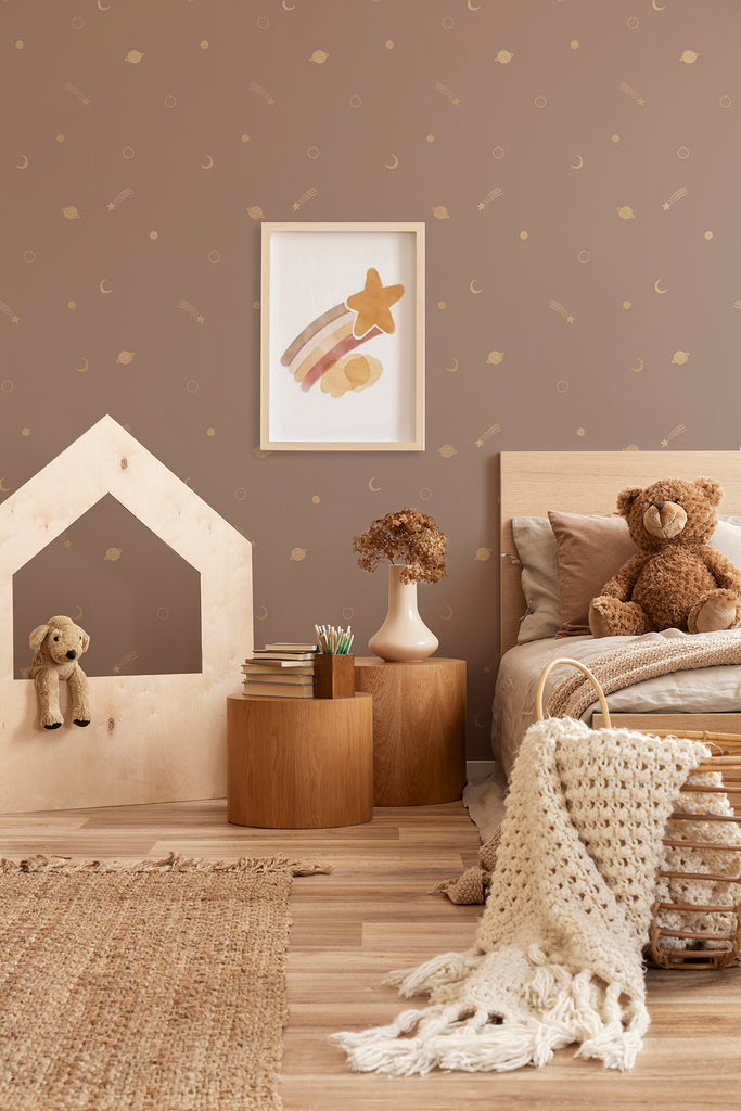 gold metallic space galaxy wallpaper in kids children bedroom 