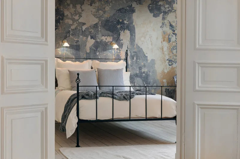 Watercolour Blue, Mural Wallpaper viewed in a bedroom from it's door