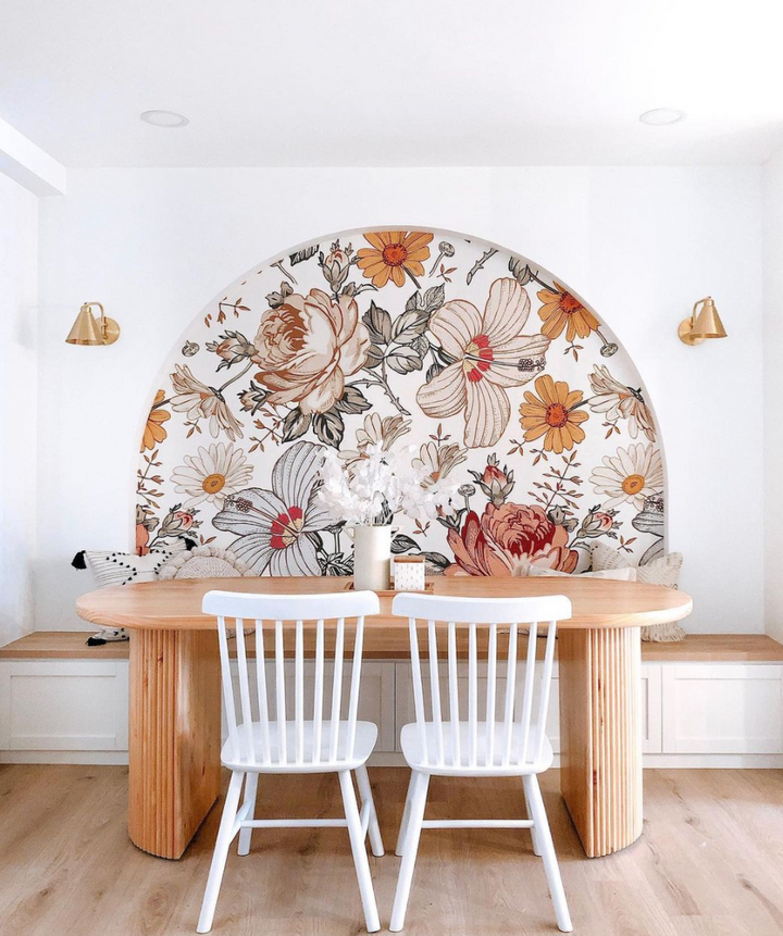 Adora, Vintage Floral Mural Wallpaper in a dining room.