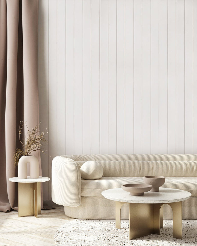 Shiplap wallpaper in blush neutral living room 