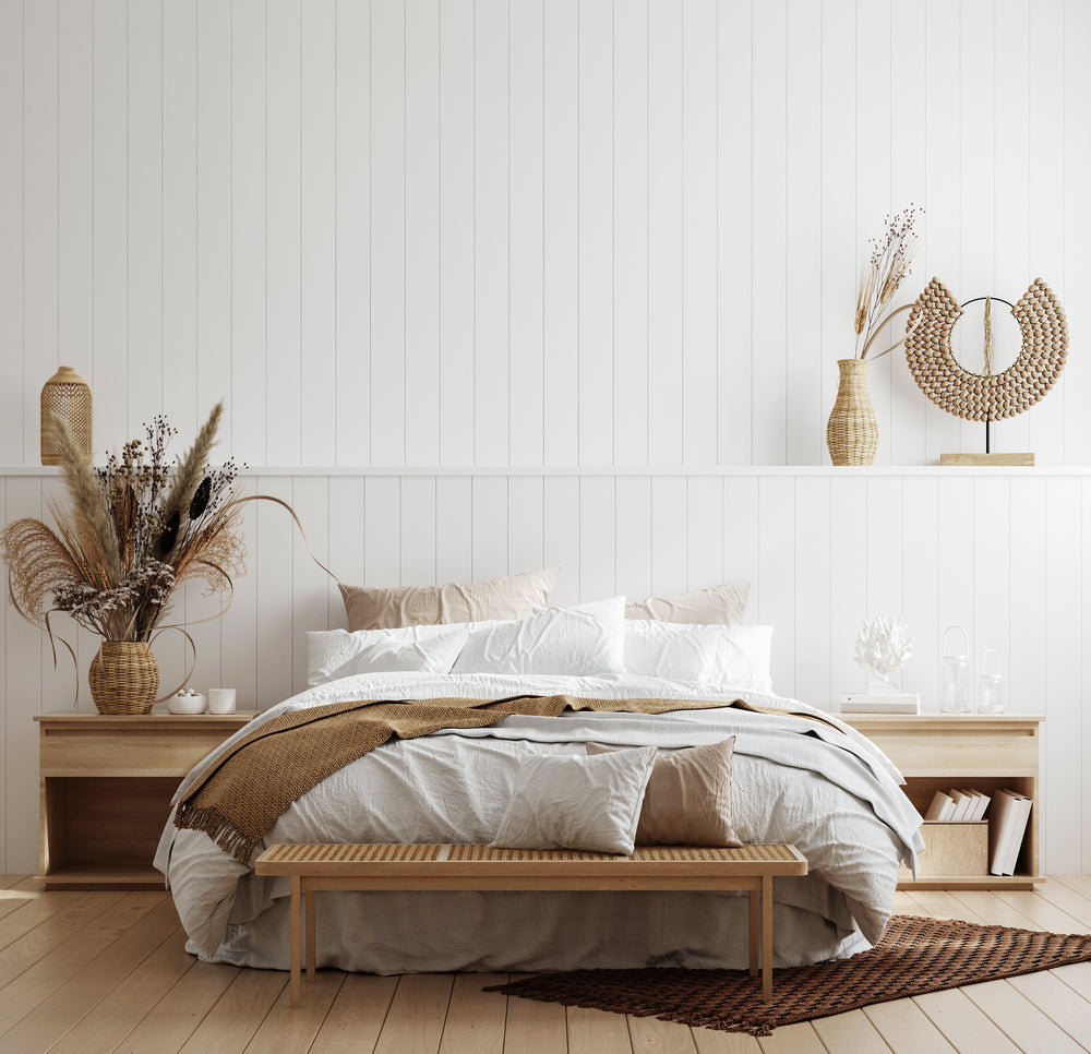shiplap wallpaper in scandi warm light bedroom