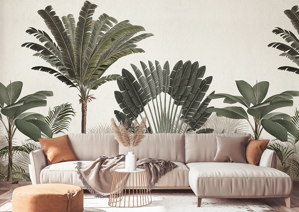 Palm Paradise, Tropical Mural Wallpaper in green featured on a wall of a living area