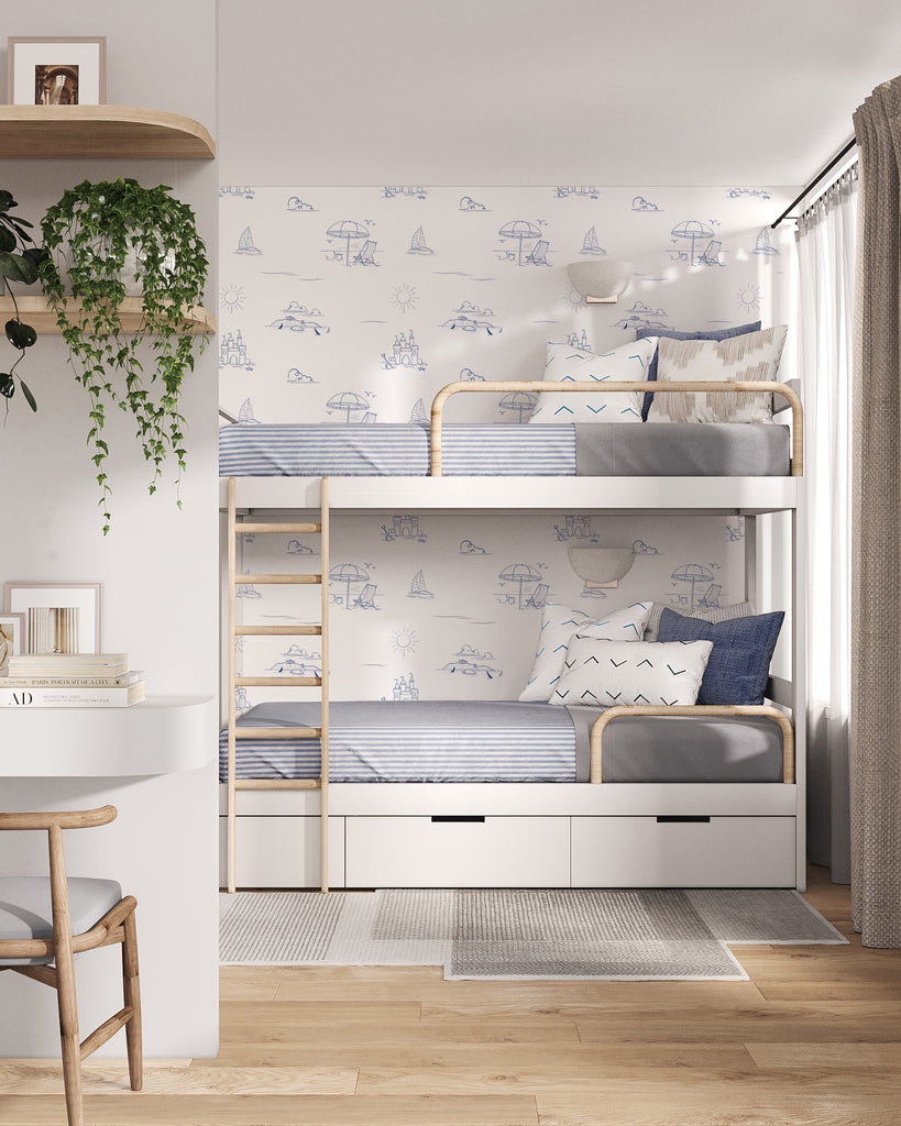 Blue Coastal beach day, wallpaper in a kids room with white and white wood furnishing