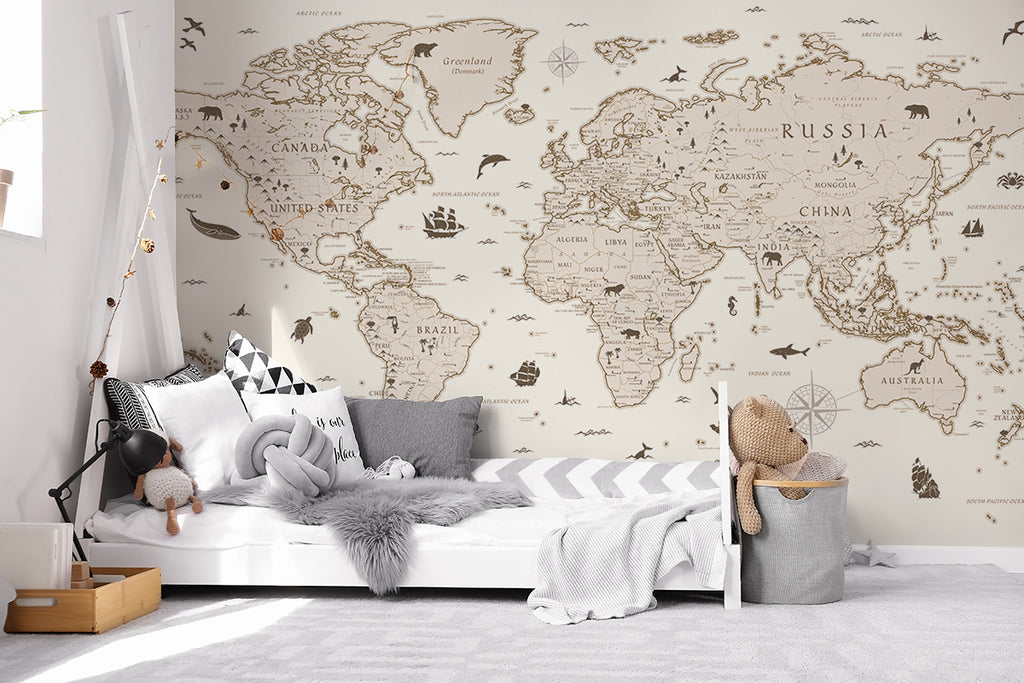 Explorer Atlas World Map Wallpaper in a kid's room