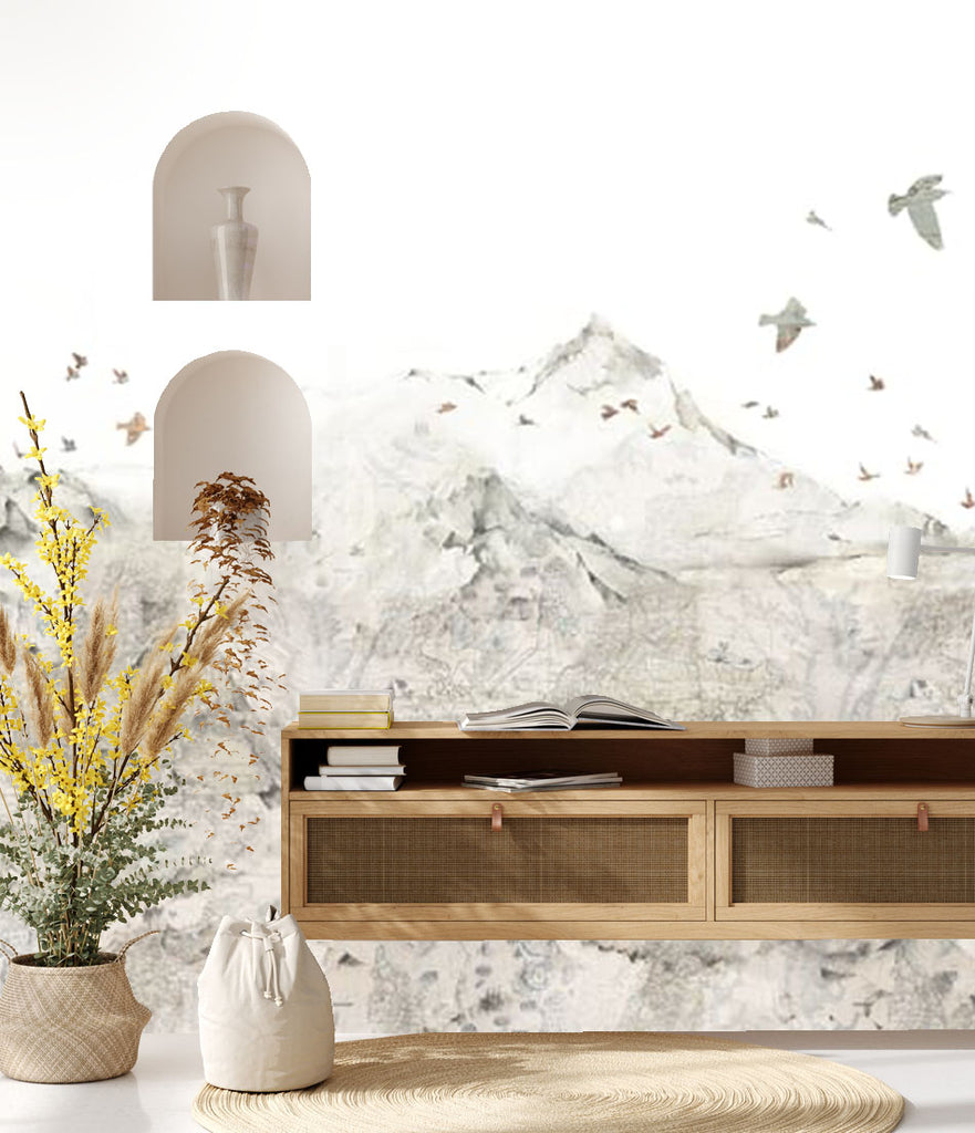 Danone Mountain Landscape Wallpaper in a room with a mounted console and plants