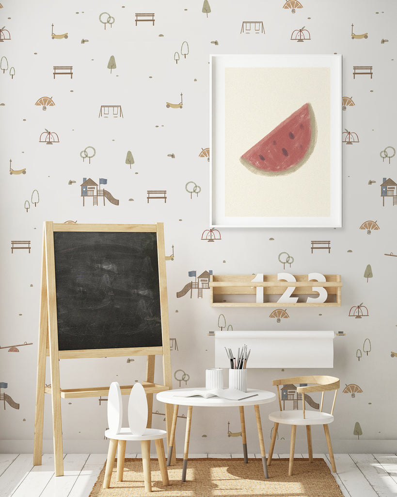 Mini Fruitful Play, Pattern Wallpaper in dusk blue, featured in a kid's room with a mini dining set and chalk board. 