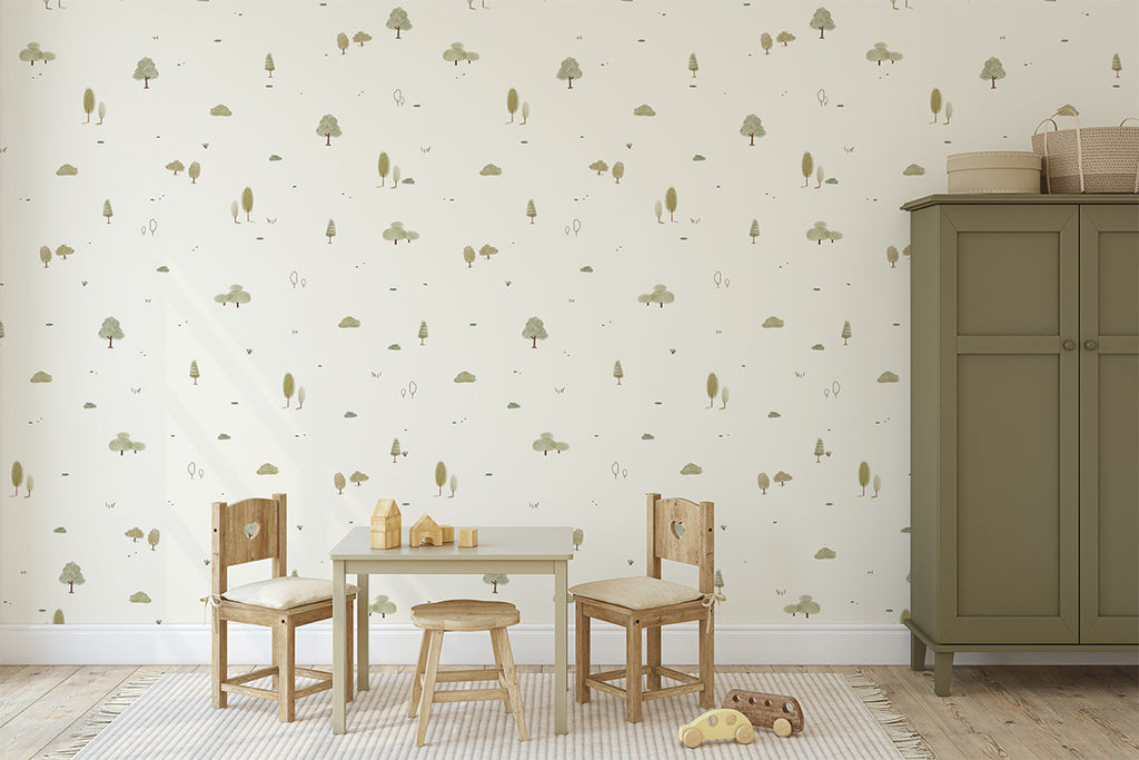 Mini Timberland, Pattern Wallpaper, seen in a kid's room withn wood furnished mini dining area.  