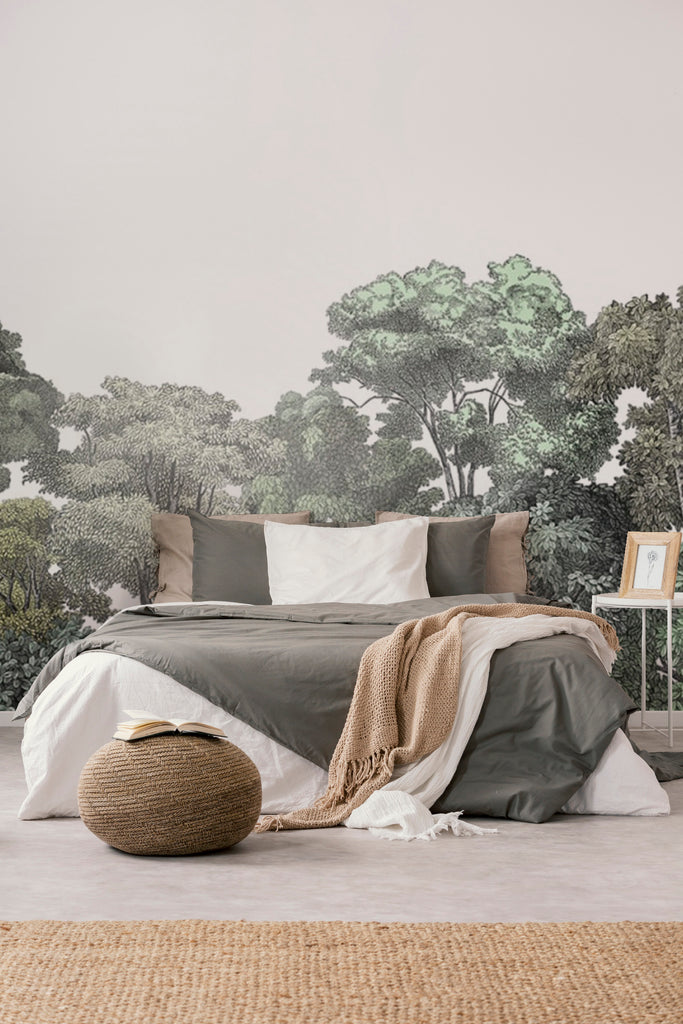 Bellewood wallpaper with beautiful woodland forest mural depicts a lush green forest veiled in mist in bedroom