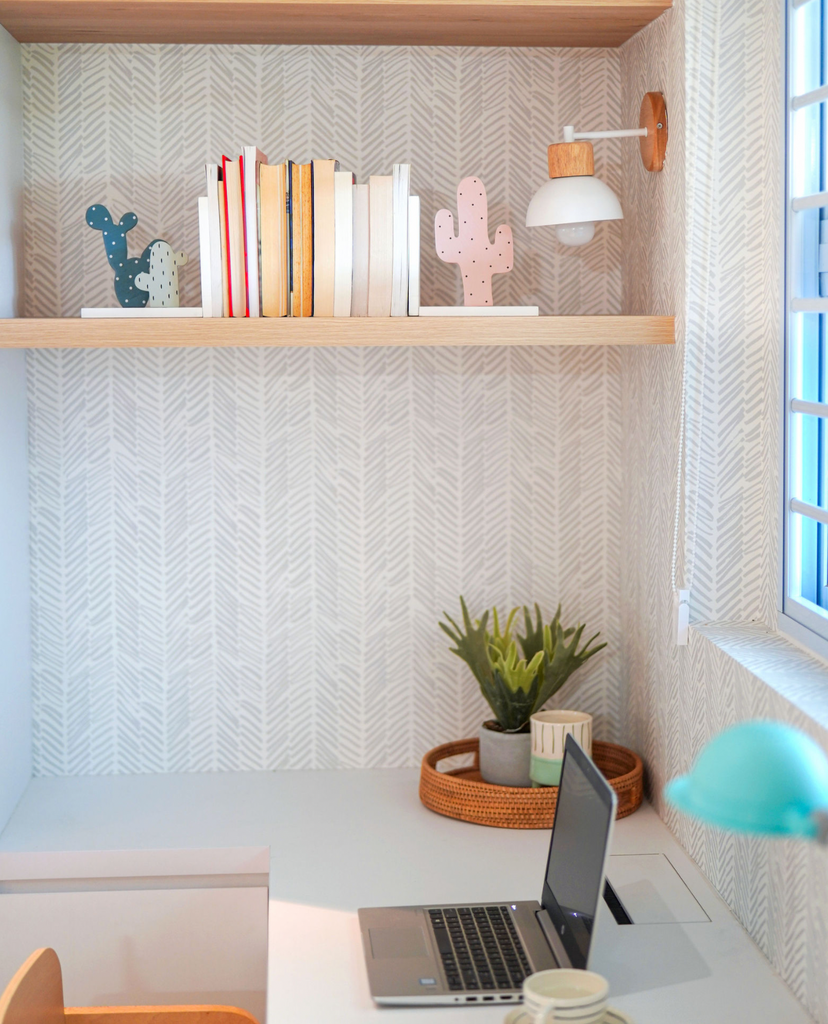 Herringbone by Sophie, Pattern Wallpaper , applied in a cozy home office with bright, natural light and modern aesthetics. 